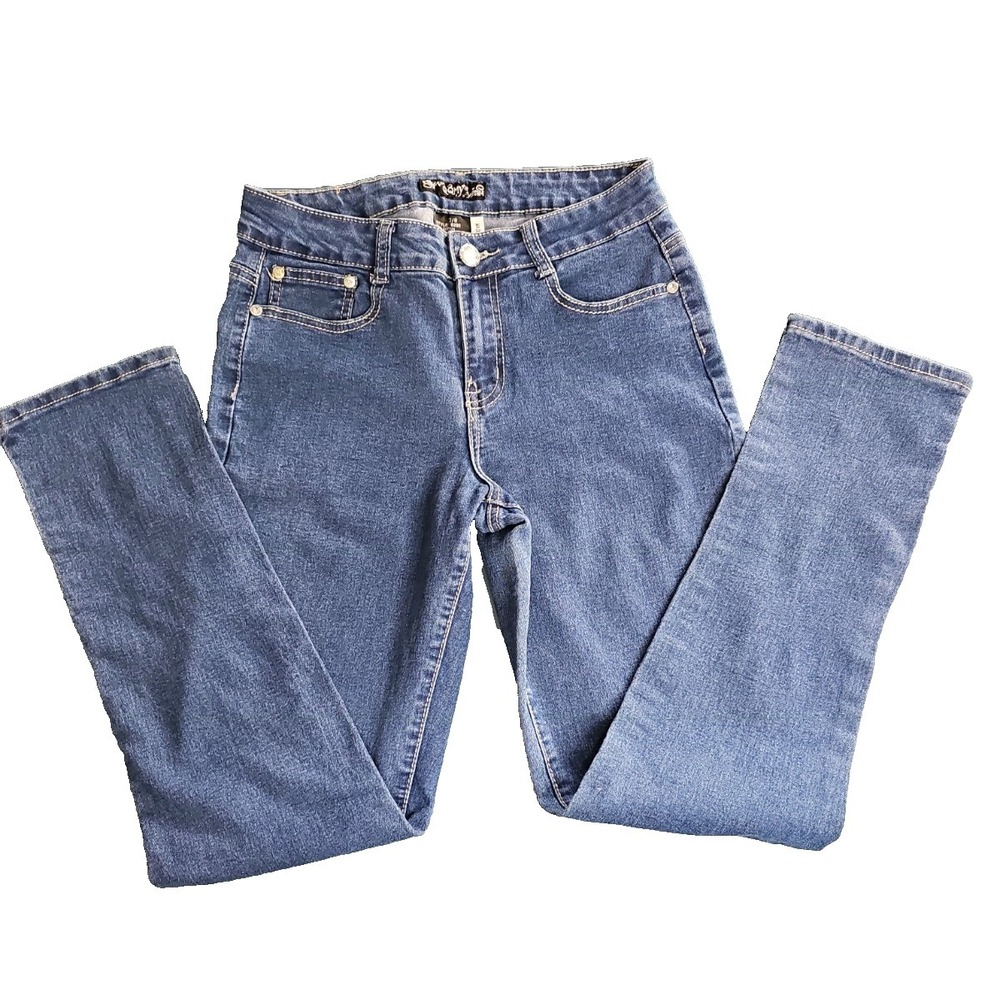 QQMY Womens Mid Rise Straight Leg Jeans Bling Pocket Medium Wash Size 7/8